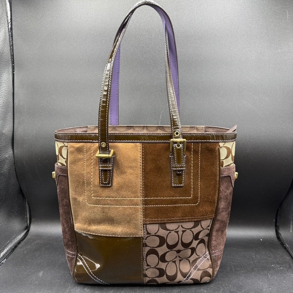Vtg Y2K Coach Signature C Leather Patchwork Gallery Tote Medium Brown Gold Suede